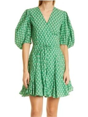 RHODE Green Floral V-Neck Mini Dress with Puff Sleeves